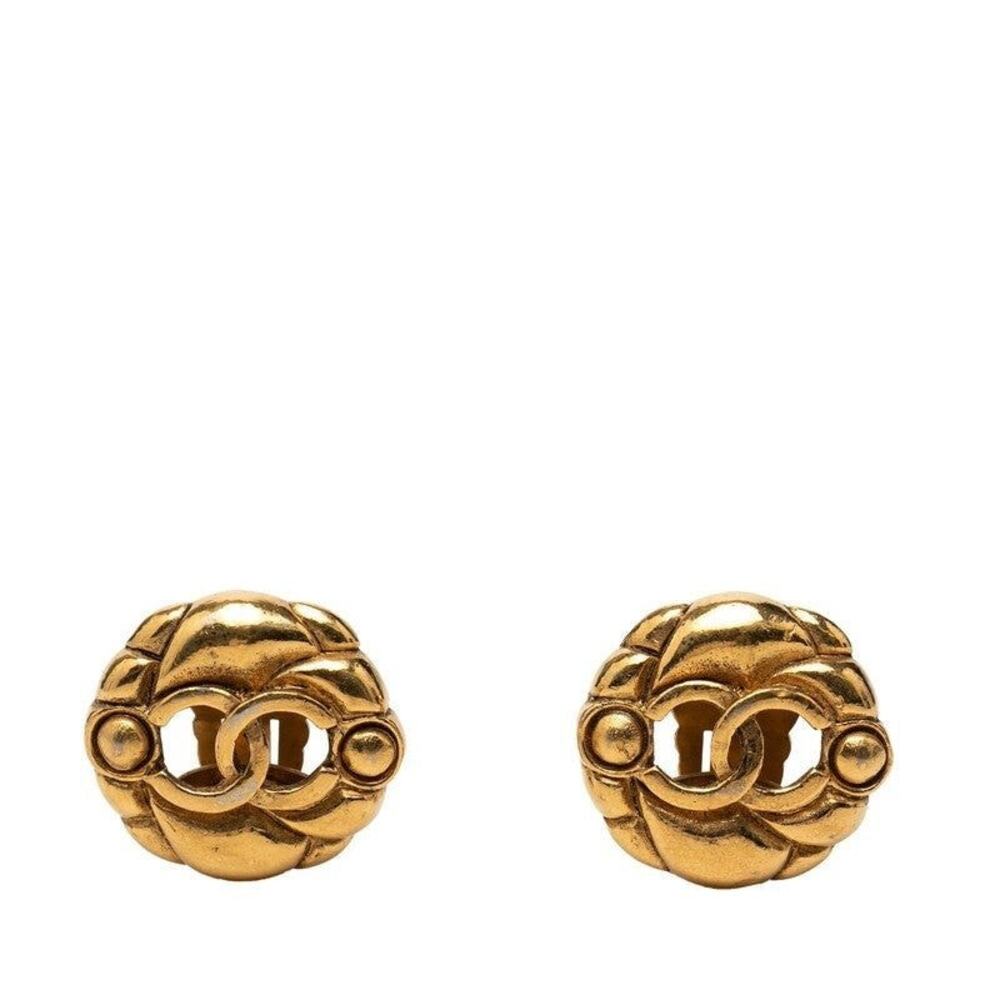 Chanel CC Logo Vintage Round Earrings Plated Gold